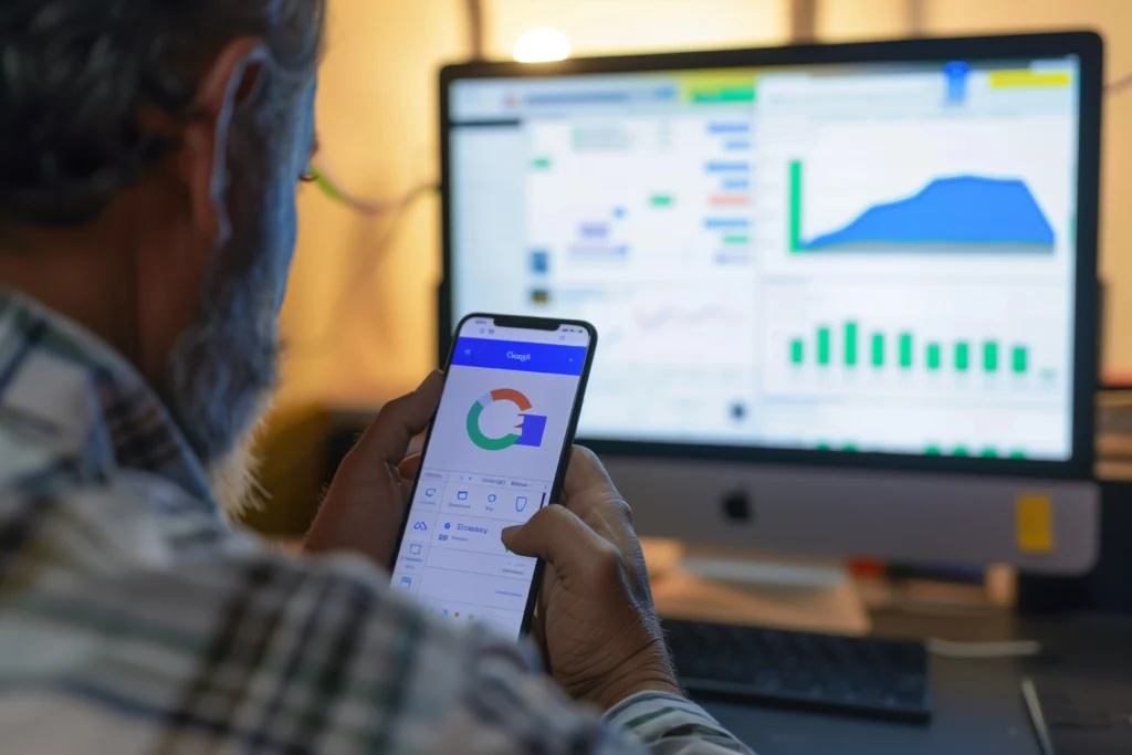 man-is-using-mobile-phone-background-computer-is-showing-advertising-statistics